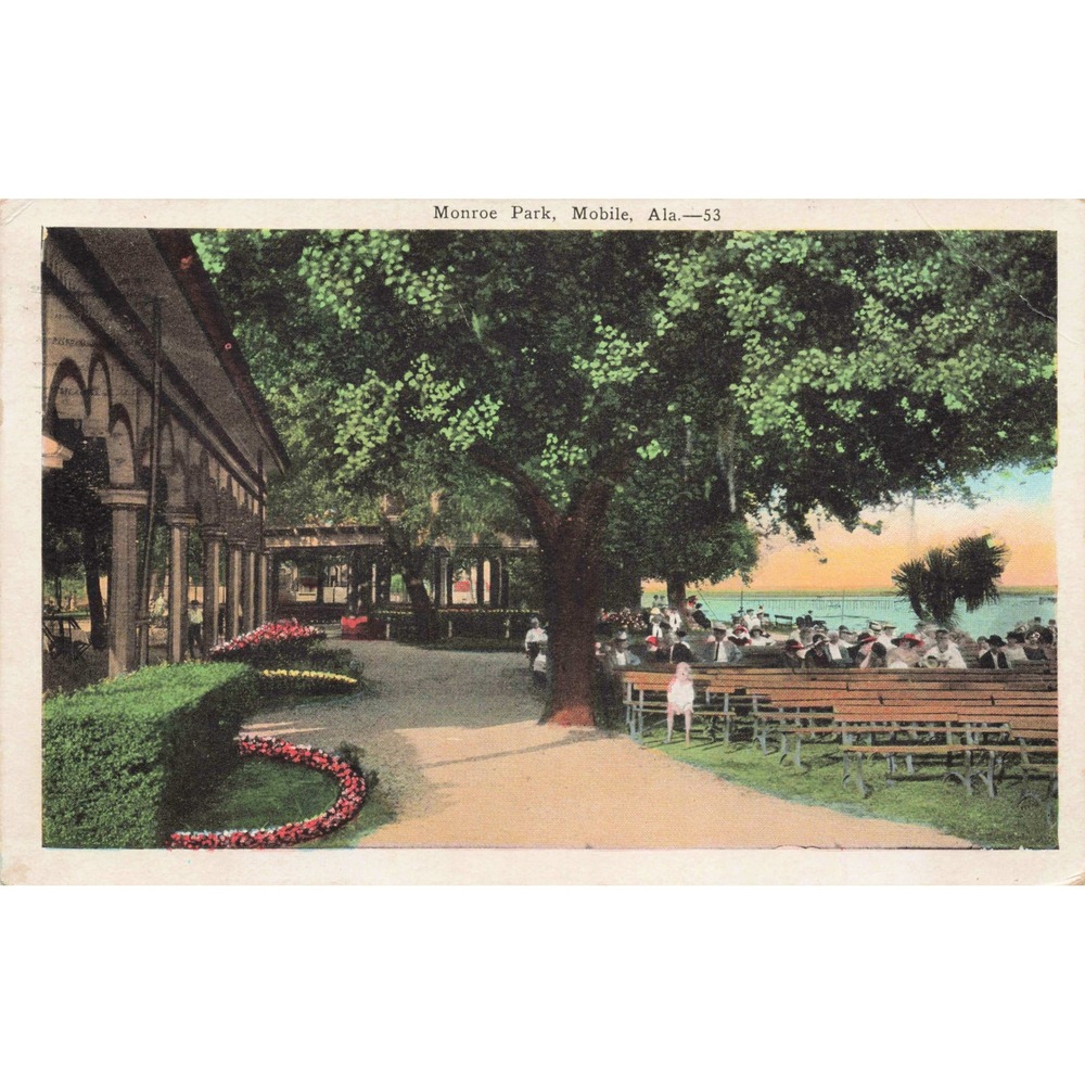Monroe Park Mobile Alabama Linen Postcard 1928 Postmark E.C. Kropp Co. - Picture 1 of 2